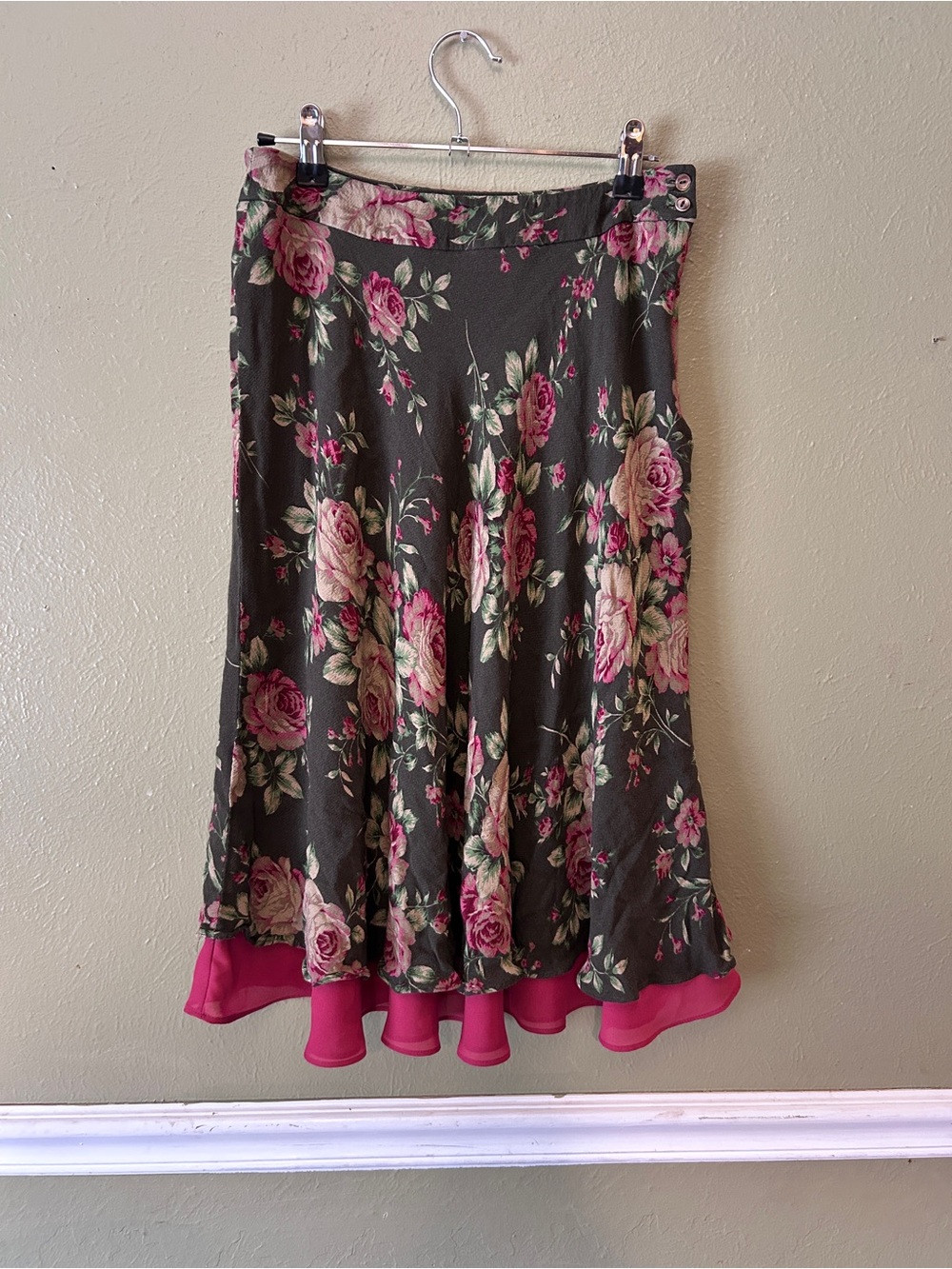 Layered 90s Witchy Floral Fairy Romantic Whimsy Midi Skirt in Olive and Pink Sz4